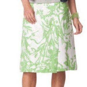 COLDWATER CREEK WHITE & GREEN FLORAL FAUX WRAP LINEN PLEATED SKIRT, SMALL(6-8)